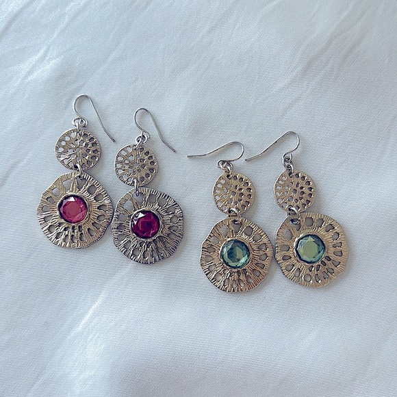Artisan Hammered Gold-Tone & Gemstone Dangle Earrings - Boho Chic! - Picture 12 of 12